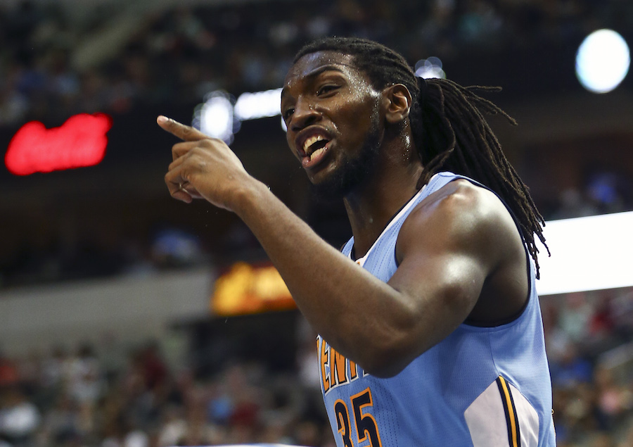 Oct 6, 2015; Dallas, TX, USA; Denver Nuggets forward Kenneth Faried (35) reacts during the second quarter against the Dallas Mavericks at American Airlines Center. Mandatory Credit: Kevin Jairaj-USA TODAY Sports