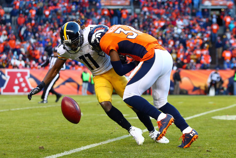 Jan 17, 2016; Denver, CO, USA; Denver Broncos cornerback Kayvon Webster (36) hits Pittsburgh Steelers wide receiver Markus Wheaton (11) on an attempted punt return during the third quarter of the AFC Divisional round playoff game at Sports Authority Field at Mile High. Mandatory Credit: Mark J. Rebilas-USA TODAY Sports