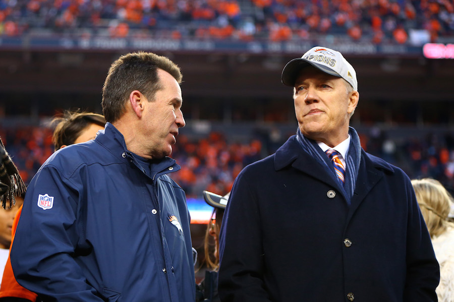 Jan 24, 2016; Denver, CO, USA; Denver Broncos head coach Gary Kubiak (left) with general manager John Elway after defeating the Denver Broncos in the AFC Championship football game at Sports Authority Field at Mile High. Mandatory Credit: Mark J. Rebilas-USA TODAY Sports