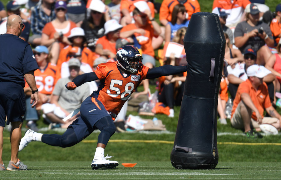 Jul 28, 2016; Englewood, CO, USA; Denver Broncos outside linebacker Von Miller (58) during training camp drills held at the UCHealth Training Center. Mandatory Credit: Ron Chenoy-USA TODAY Sports