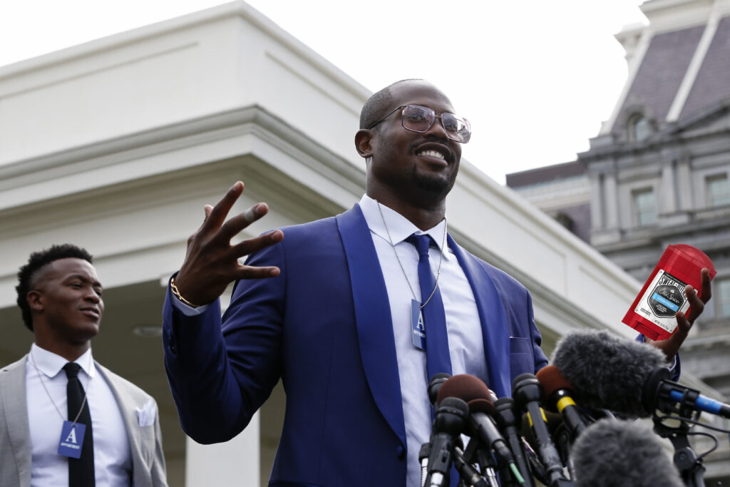 Jun 6, 2016; Washington, DC, USA; Denver Broncos outside linebacker Von Miller speaks at the stakeout position outside the West Wing after a ceremony honoring the NFL Super Bowl Champion Broncos in the Rose Garden at The White House. Mandatory Credit: Geoff Burke-USA TODAY Sports