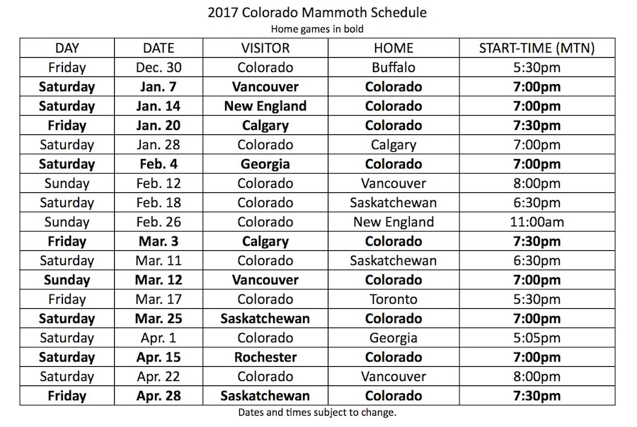 Colorado Mammoth announces 2017 schedule