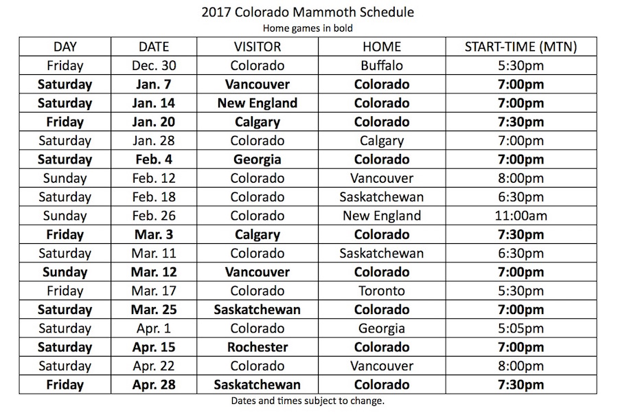 2017 Colorado Mammoth Schedule