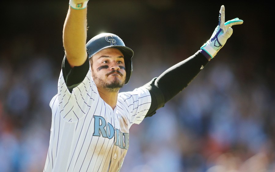 Men's Colorado Rockies #28 Nolan Arenado Green Salute to Service