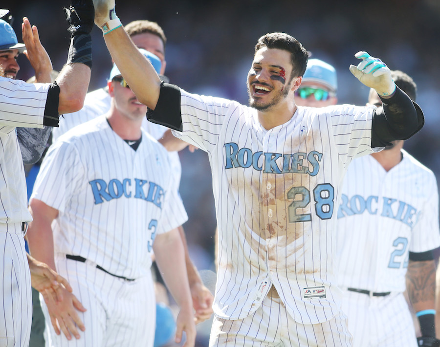 Colorado Rockies #28 Nolan Arenado Green Salute to Service Women's