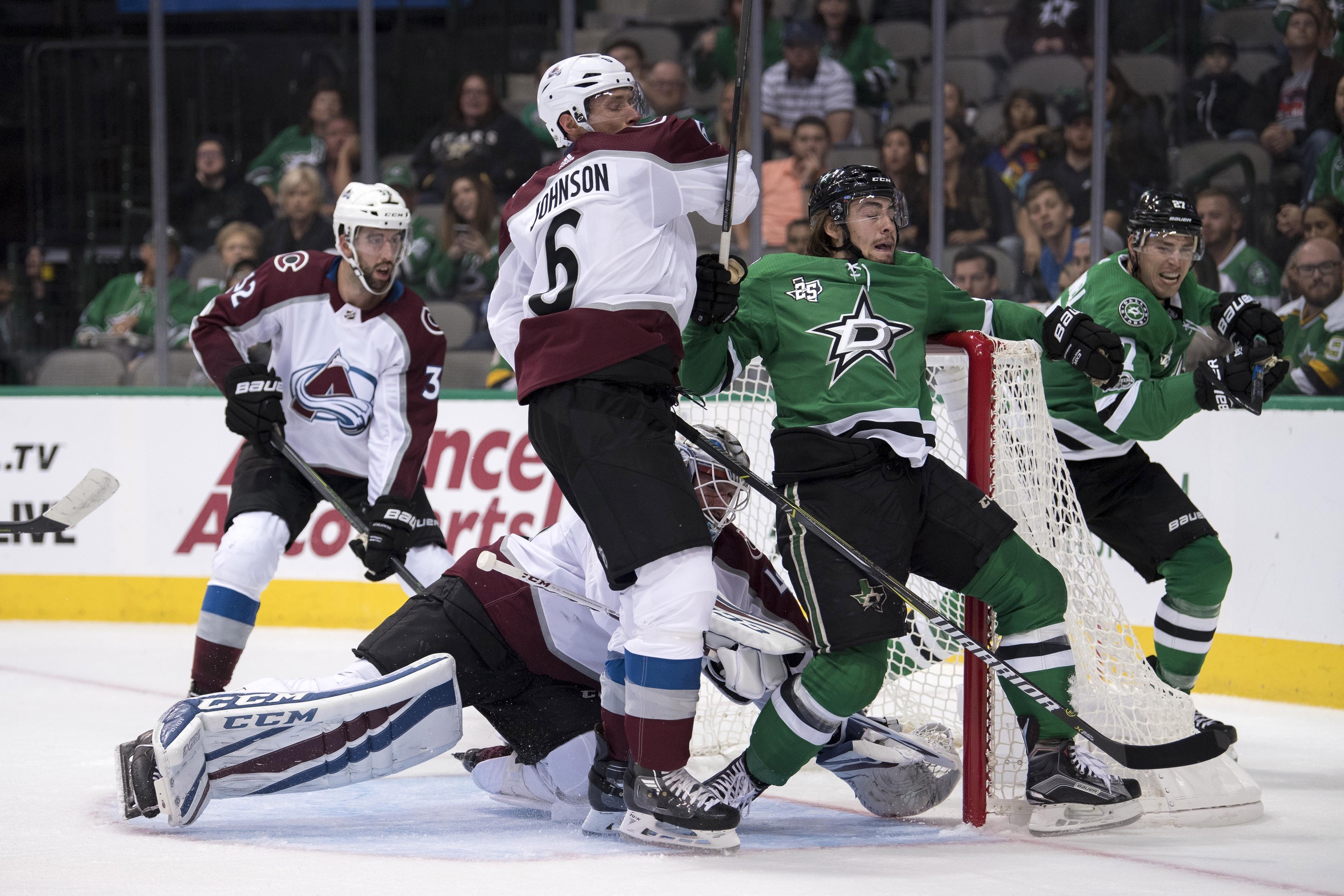 Sep 25, 2017; Dallas, TX, USA; Colorado Avalanche defenseman Erik Johnson (6) defends against Dallas Stars left wing Remi Elie (40) during the first period at the American Airlines Center. Mandatory Credit: Jerome Miron-USA TODAY Sports