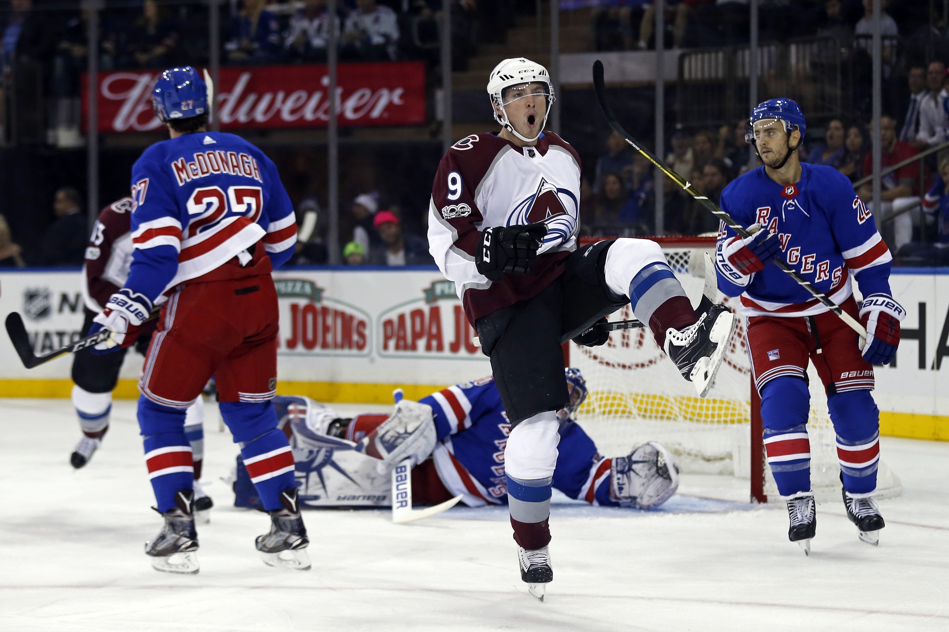 Oct 5, 2017; New York, NY, USA; Colorado Avalanche center Matt Duchene (9) celebrates scoring a goal past New York Rangers goalie Henrik Lundqvist (30) during the first period at Madison Square Garden. Mandatory Credit: Adam Hunger-USA TODAY Sports