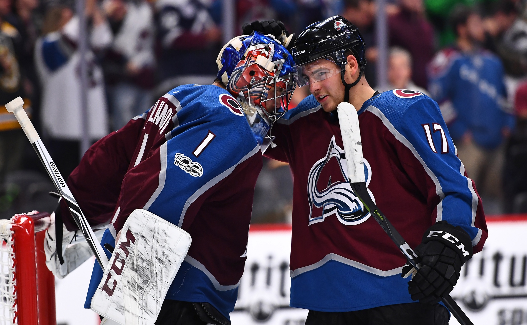 Oct 11, 2017; Denver, CO, USA; Colorado Avalanche goalie Semyon Varlamov (1) and center Tyson Jost (17) celebrate the win over the Boston Bruins at the Pepsi Center. Mandatory Credit: Ron Chenoy-USA TODAY Sports