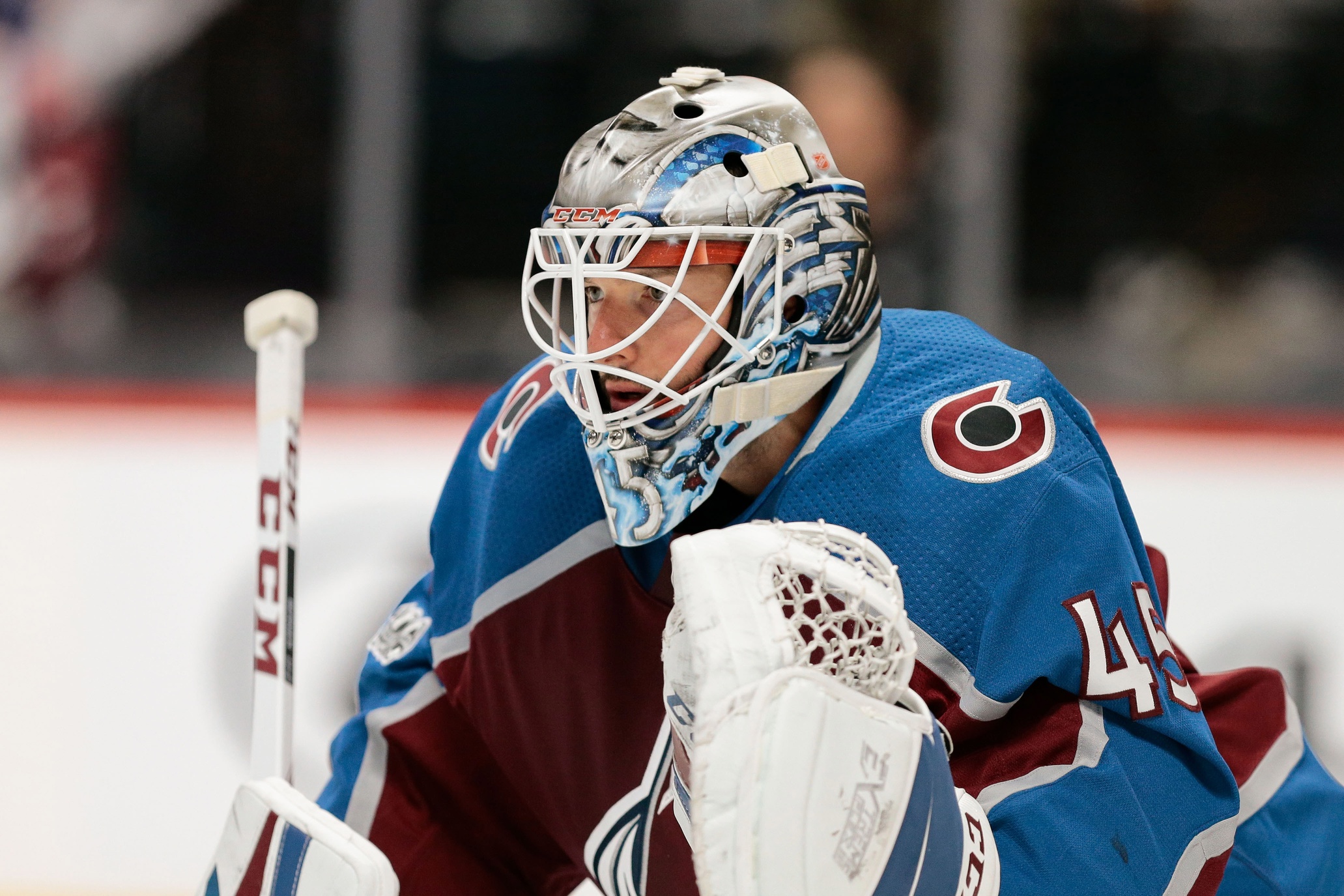 Oct 13, 2017; Denver, CO, USA; Colorado Avalanche goalie Jonathan Bernier (45) in the first period against the Anaheim Ducks at the Pepsi Center. Mandatory Credit: Isaiah J. Downing-USA TODAY Sports USATSI_10344200_164063748_lowres