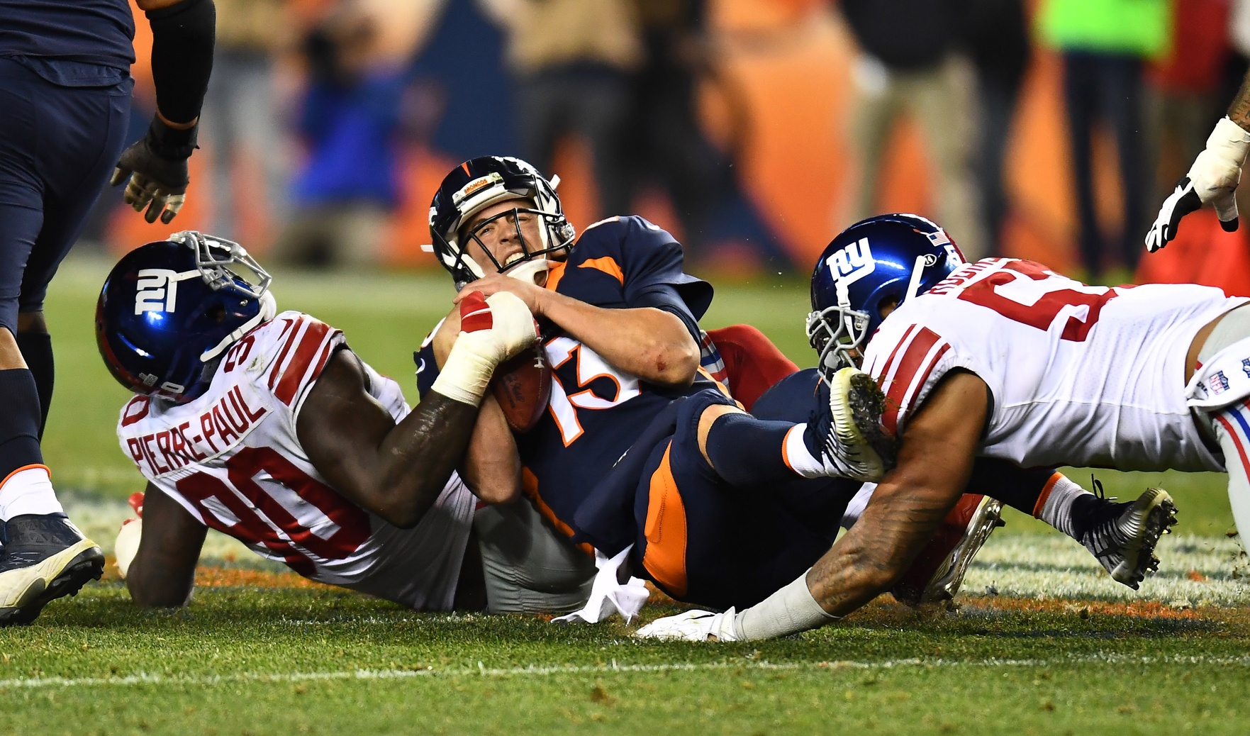 Oct 15, 2017; Denver, CO, USA; New York Giants defensive end Jason Pierre-Paul (90) and linebacker Keenan Robinson (57) sack Denver Broncos quarterback Trevor Siemian (13) in the third quarter at Sports Authority Field at Mile High. Mandatory Credit: Ron Chenoy-USA TODAY Sports