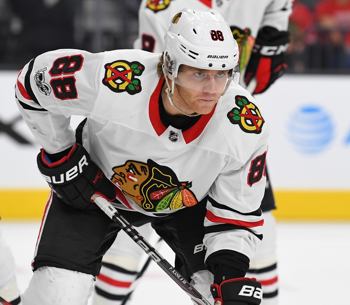 Oct 24, 2017; Las Vegas, NV, USA; Chicago Blackhawks right wing Patrick Kane (88) looks on during a game against the Vegas Golden Knights at T-Mobile Arena. Mandatory Credit: Stephen R. Sylvanie-USA TODAY Sports USATSI_10367366_164063748_lowres