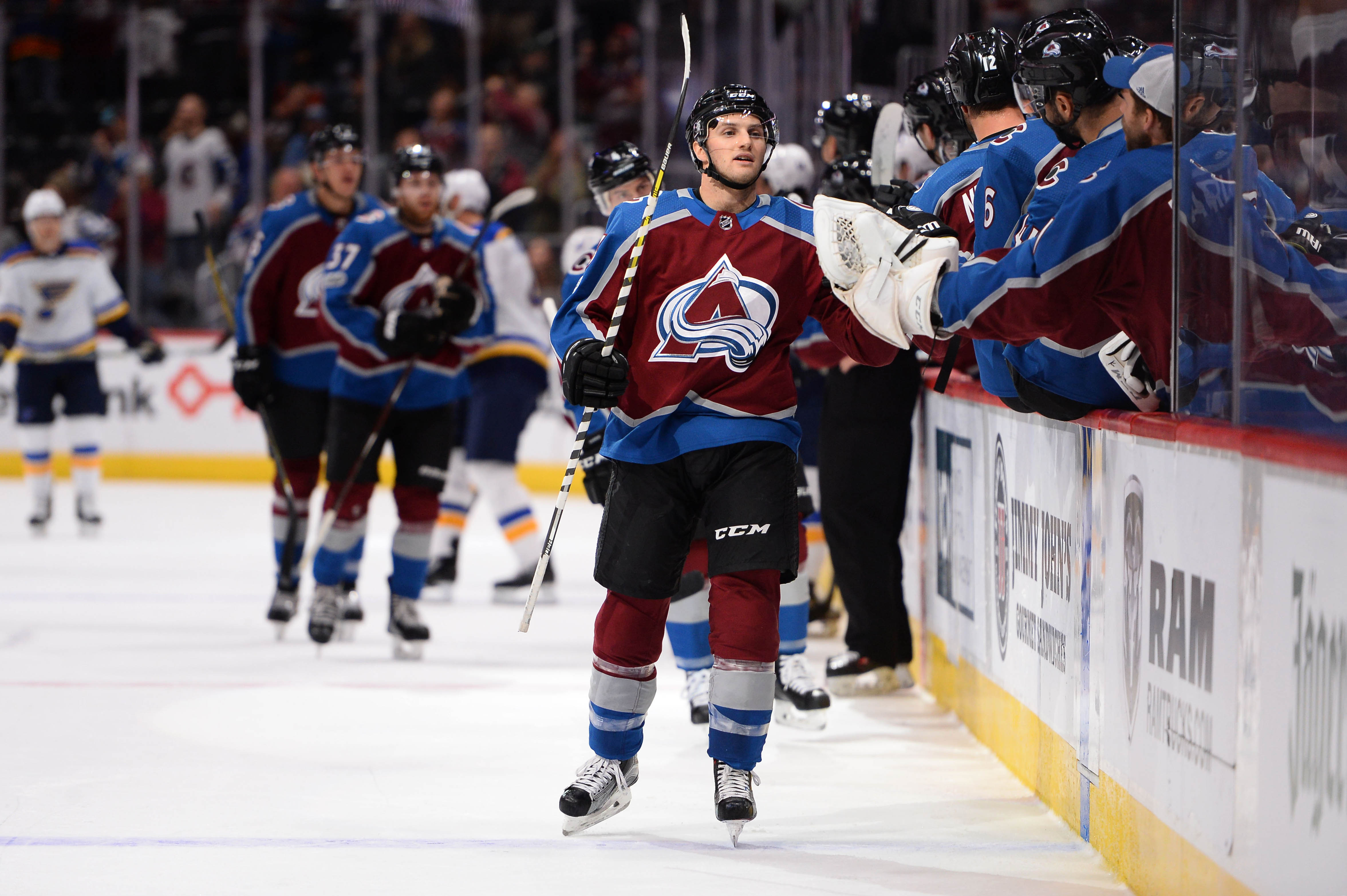Oct 19, 2017; Denver, CO, USA; Colorado Avalanche center Alexander Kerfoot (13) celebrates his power play goal in the first period against the St. Louis Blues at the Pepsi Center. Mandatory Credit: Ron Chenoy-USA TODAY Sports