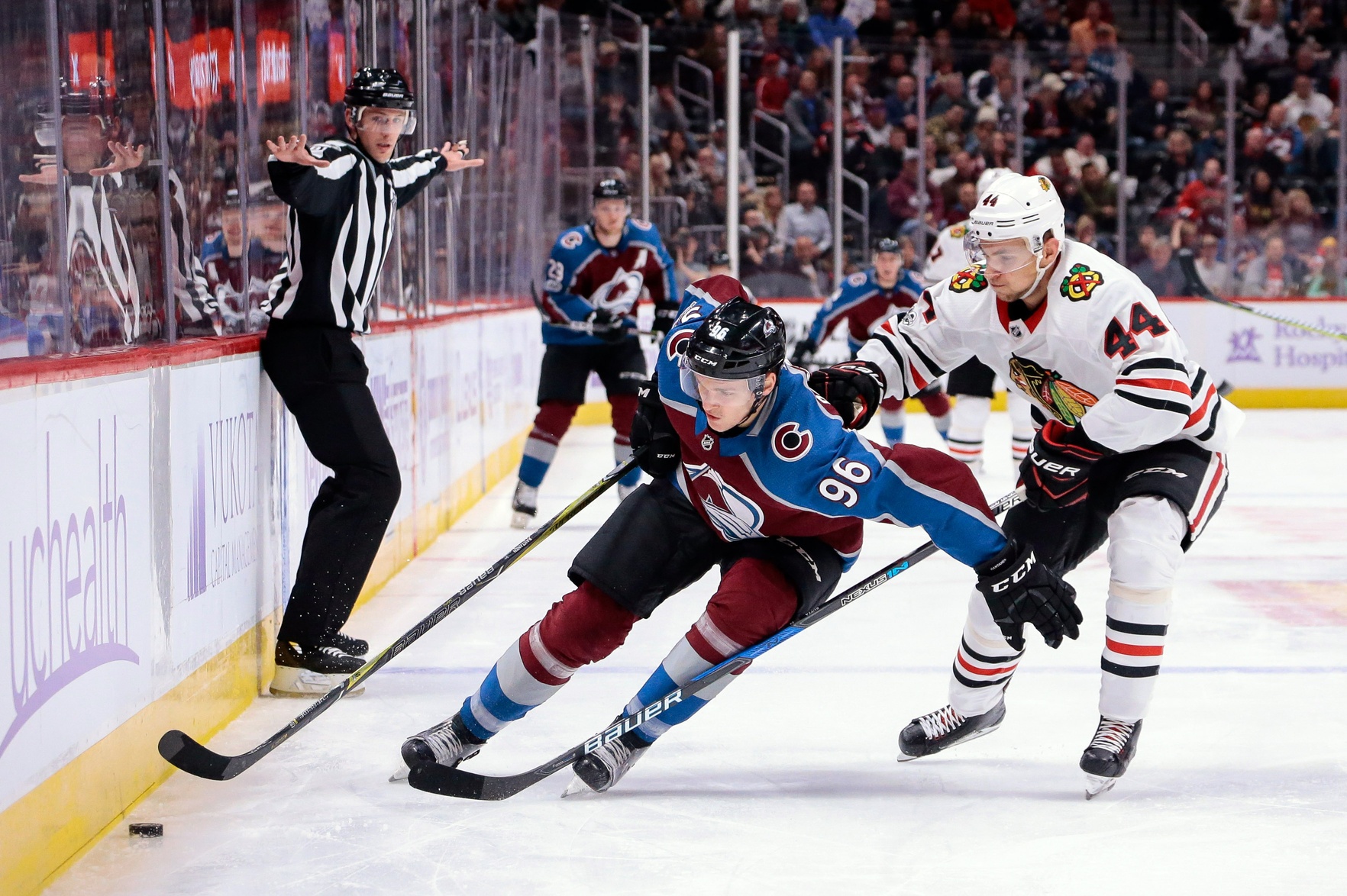 Oct 28, 2017; Denver, CO, USA; Chicago Blackhawks defenseman Jan Rutta (44) defends against Colorado Avalanche right wing Mikko Rantanen (96) in the second period at the Pepsi Center. Mandatory Credit: Isaiah J. Downing-USA TODAY Sports