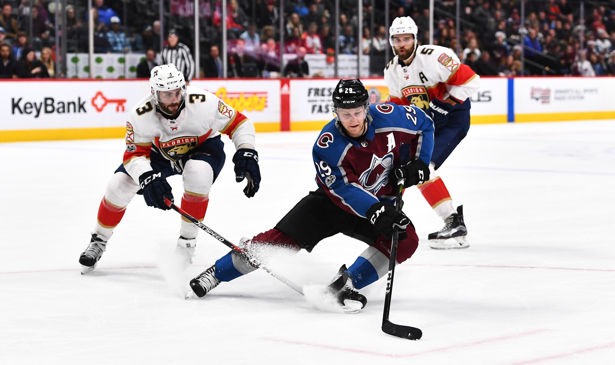 Nathan MacKinnon works against Panthers defenseman Keith Yandle Thursday night. Credit: Ron Chenoy / USATODAY Sports
