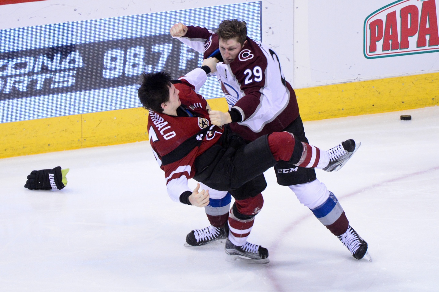 Yes, that's Nathan MacKinnon fighting the Coyotes' Josh Archibald in the second period of Colorado's 6-2 win in the final game before the Christmas break Saturday night. Credit: Matt Kartozian / USA TODAY Sports