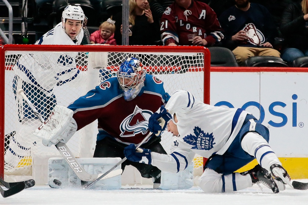 Avalanche goaltender Semyon Varlamov (1) makes a save on a shot from Toronto Maple Leafs right wing Connor Brown (28) Credit: Isaiah J. Downing-USA TODAY Sports