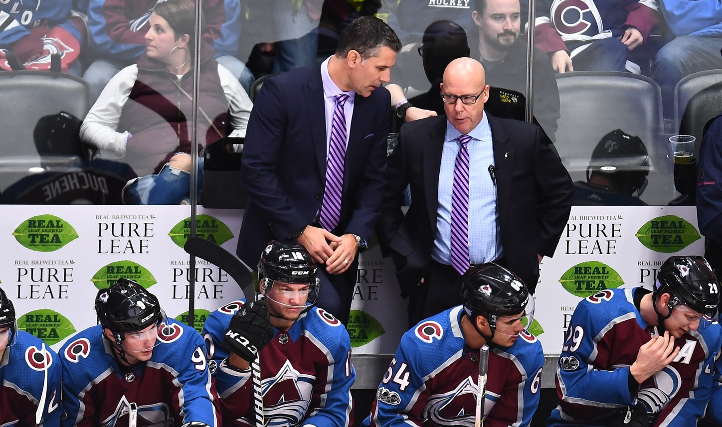 Avalanche head coach Jared Bednar (left) and assistant coach Ray Bennett (right) during game against against the Carolina Hurricanes at the Pepsi Center. Ron Chenoy-USA TODAY Sports