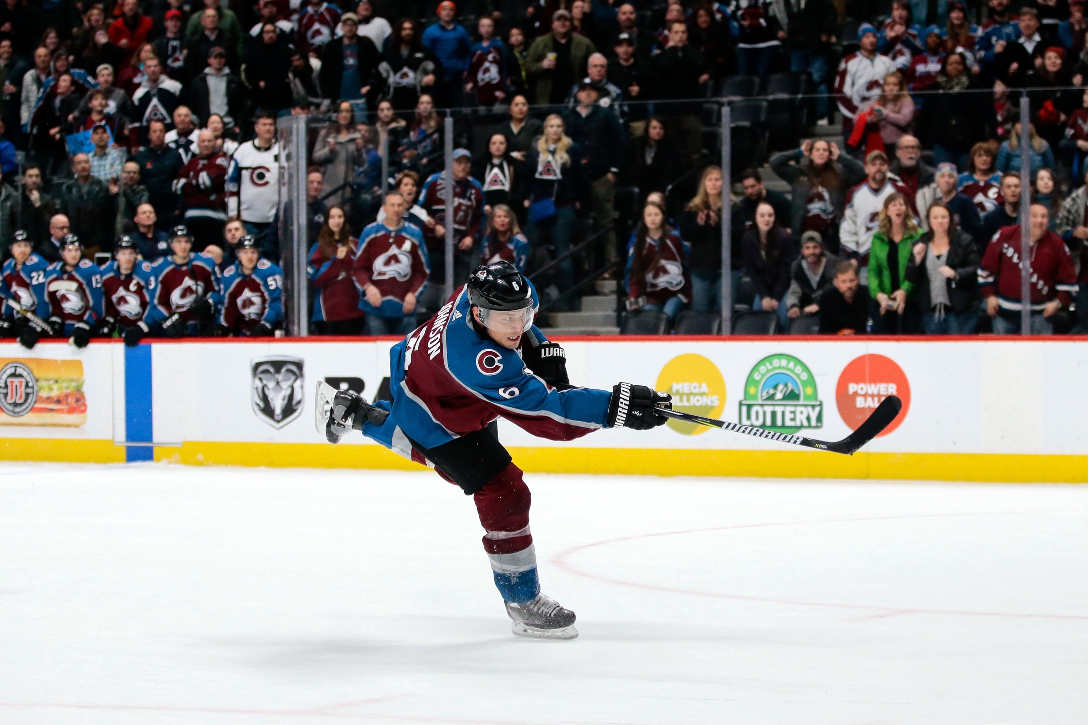 Jan 2, 2018; Denver, CO, USA; Colorado Avalanche defenseman Erik Johnson (6) scores the game winning goal on a shot in overtime against the Winnipeg Jets at the Pepsi Center. Mandatory Credit: Isaiah J. Downing-USA TODAY Sports