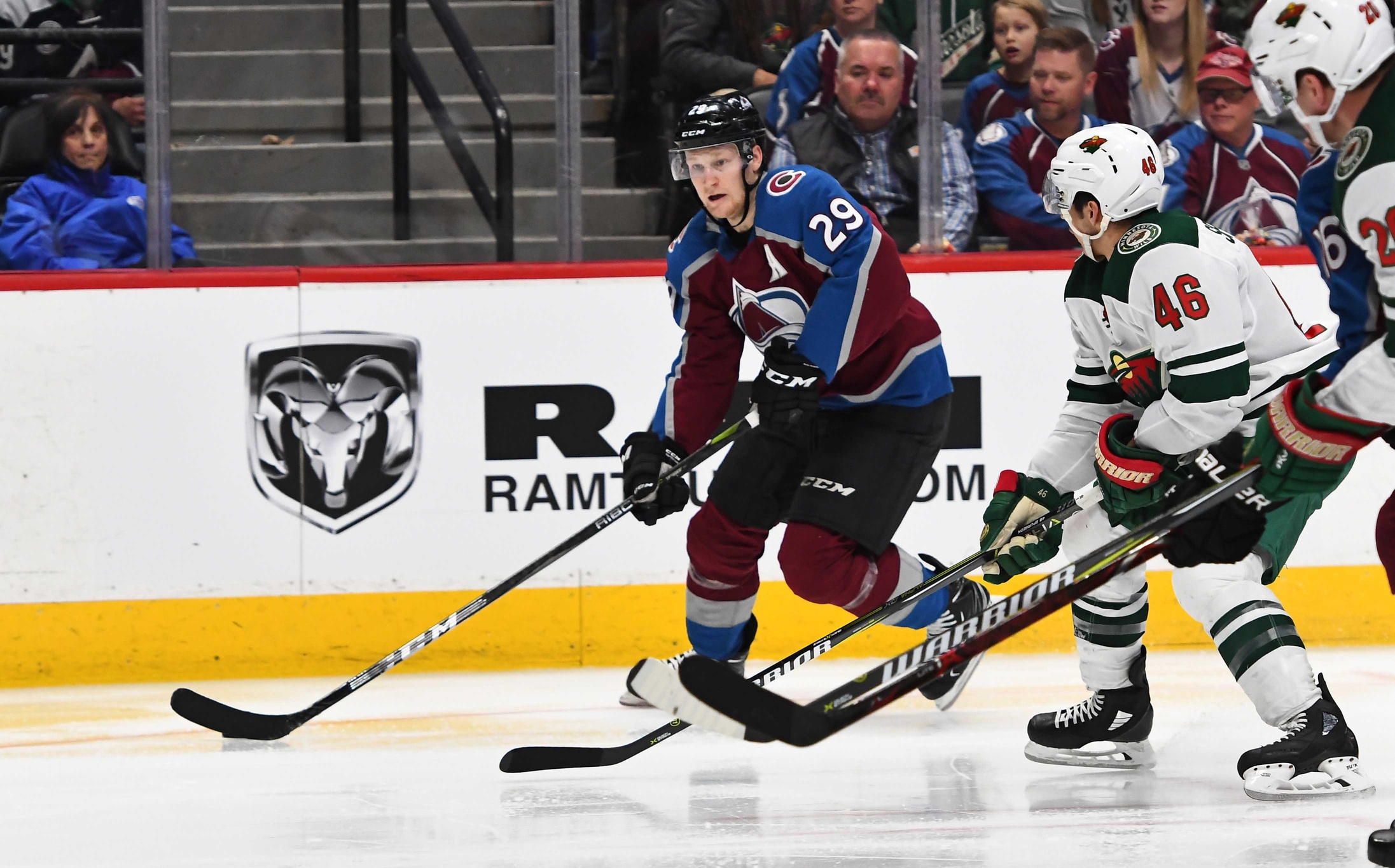 Jan 6, 2018; Denver, CO, USA; Colorado Avalanche center Nathan MacKinnon (29) prepares to take a shot on goal as Minnesota Wild defenseman Jared Spurgeon (46) in the second period at the Pepsi Center. Mandatory Credit: Ron Chenoy-USA TODAY Sports