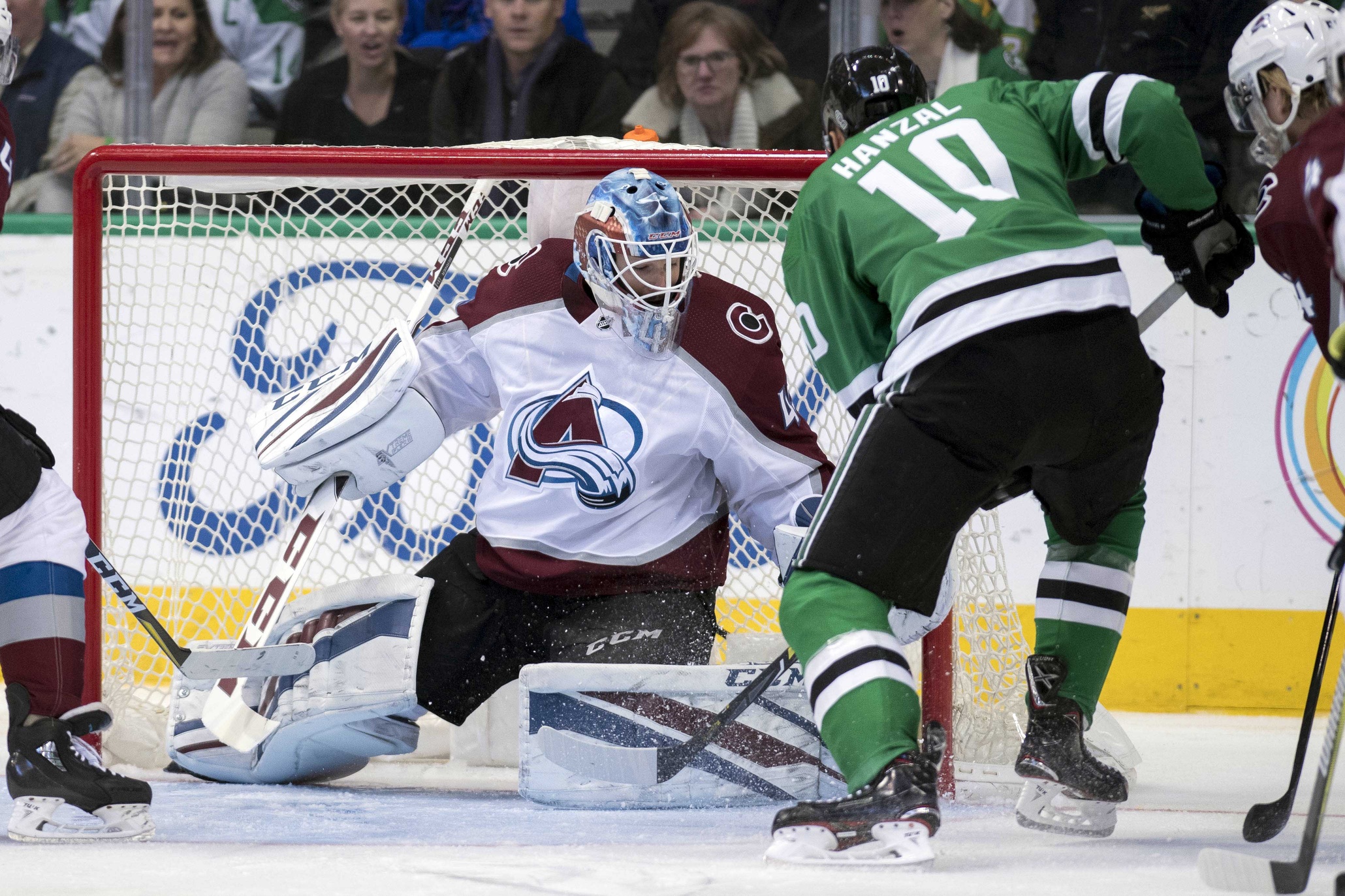 Avalanche goalie Jonathan Bernier (45) stops a shot by Dallas Stars center Martin Hanzal (10) during the third period at the American Airlines Center Saturday. Credit: Jerome Miron-USA TODAY Sports