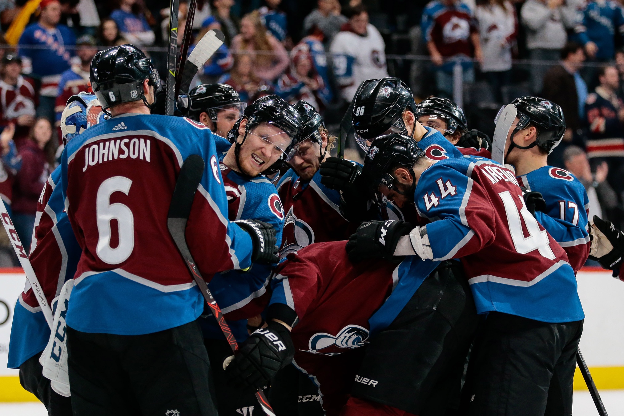 Avs Erik Johnson (6), captain Gabe Landeskog (92) and defenseman Mark Barberio (44) celebrate after the Saturday win over the Rangers. Credit: Isaiah J. Downing-USA TODAY Sports