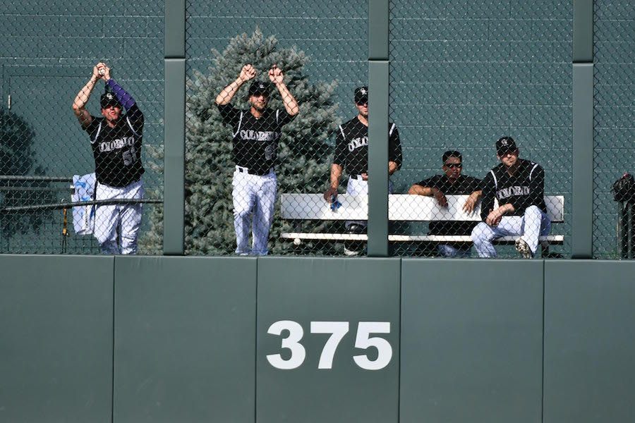 General view of the bullpen of the Colorado Rockies during the ninth inning against San Francisco Giants at Coors Field