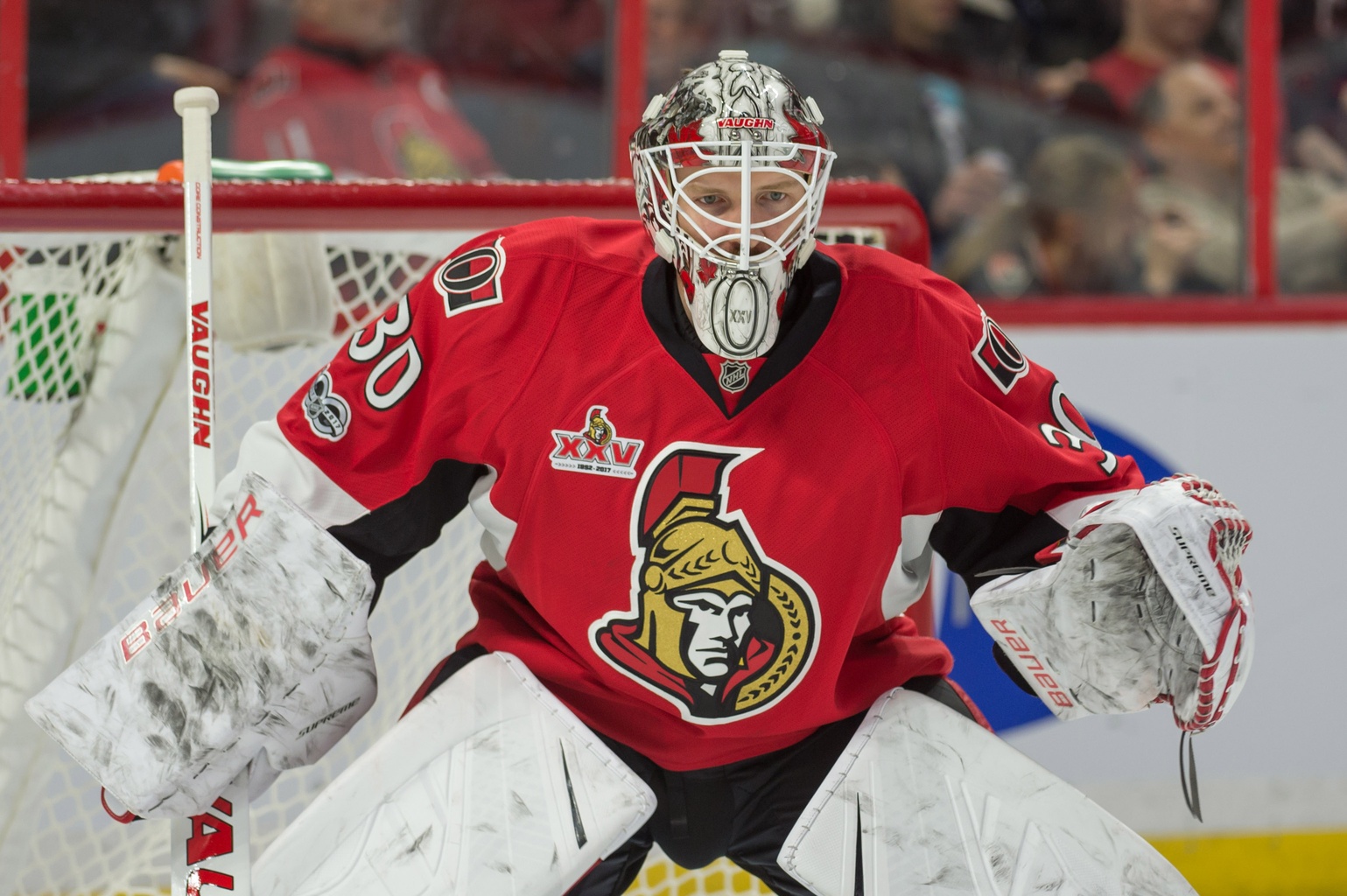 Feb 7, 2017; Ottawa, Ontario, CAN; Ottawa Senators goalie Andrew Hammond (30) warms up prior to the start of the first period against the St. Louis Blues at the Canadian Tire Centre. The Blues defeated the Senators 6-0. Mandatory Credit: Marc DesRosiers-USA TODAY Sports