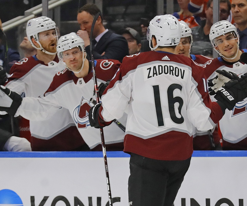 Feb 1, 2018; Edmonton, Alberta, CAN; Colorado Avalanche defensemen Nikita Zadorov (16) celebrates his second period goal against the Edmonton Oilers at Rogers Place. Mandatory Credit: Perry Nelson-USA TODAY Sports