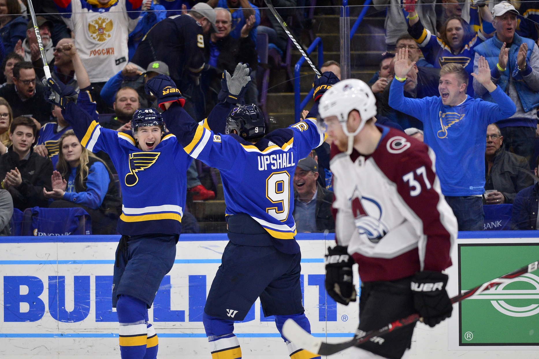 Feb 8, 2018; St. Louis, MO, USA; St. Louis Blues center Ivan Barbashev (49) celebrates with right wing Scottie Upshall (9) after scoring a goal during the second period against the Colorado Avalanche at Scottrade Center. Mandatory Credit: Jeff Curry-USA TODAY Sports