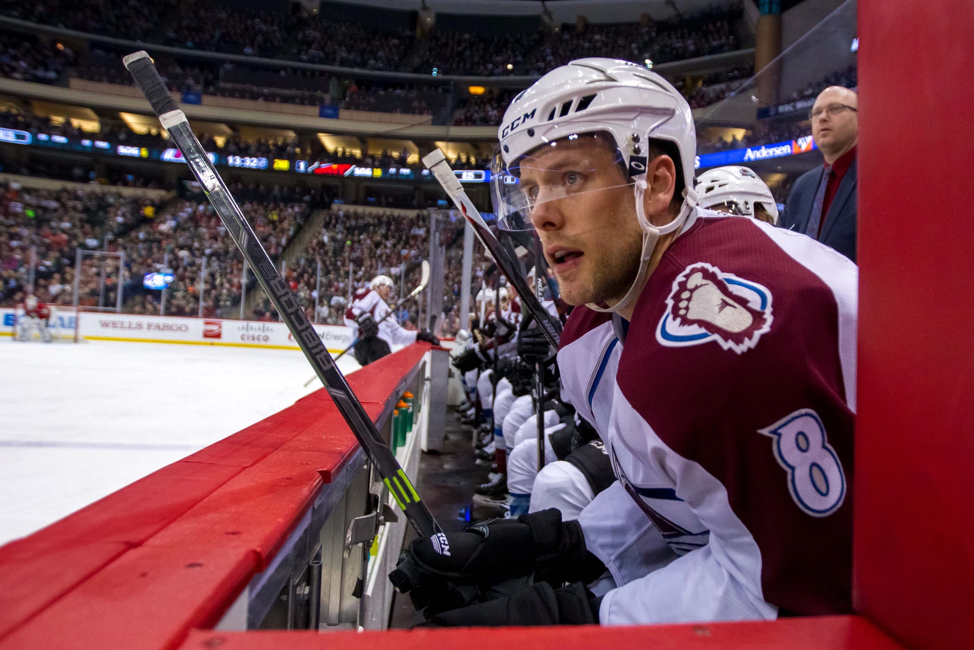 Feb 7, 2015; Saint Paul, MN, USA; Colorado Avalanche defenseman Jan Hejda (8) sits on the bench in the second period against the Minnesota Wild at Xcel Energy Center. The Minnesota Wild beat the Colorado Avalanche 1-0. Mandatory Credit: Brad Rempel-USA TODAY Sports