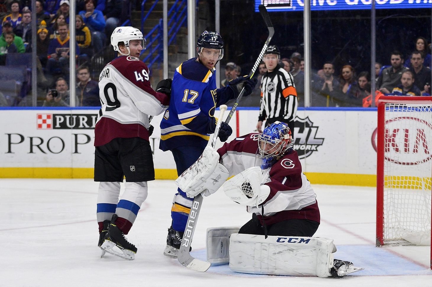 Mar 15, 2018; St. Louis, MO, USA; Colorado Avalanche goaltender Semyon Varlamov (1) makes a glove save as defenseman Samuel Girard (49) defends against St. Louis Blues left wing Jaden Schwartz (17) during the second period at Scottrade Center. Mandatory Credit: Jeff Curry-USA TODAY Sports