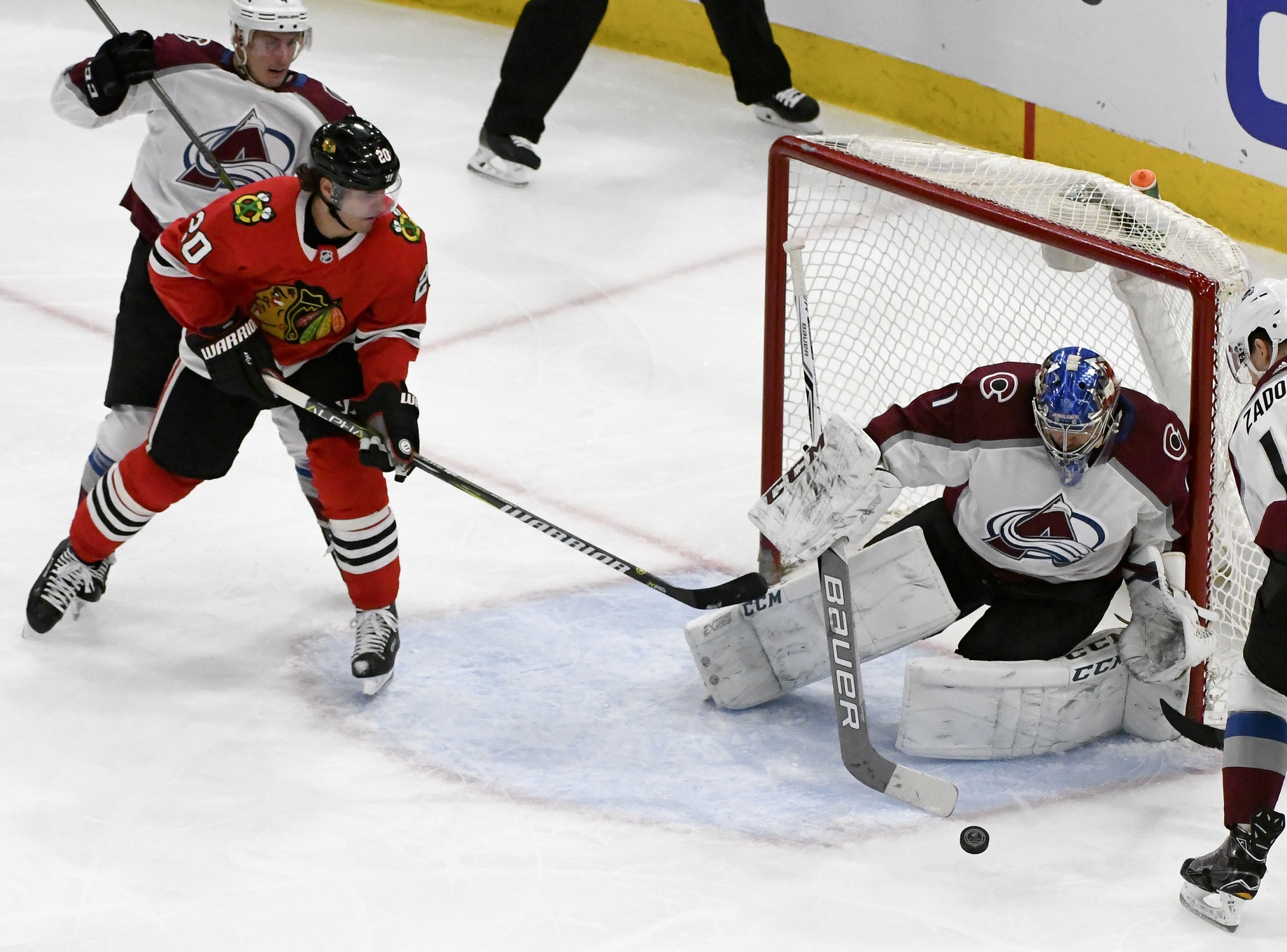 Mar 20, 2018; Chicago, IL, USA; Colorado Avalanche goaltender Semyon Varlamov (1) defends against Chicago Blackhawks left wing Brandon Saad (20) during the second period at United Center. Mandatory Credit: Matt Marton-USA TODAY Sports