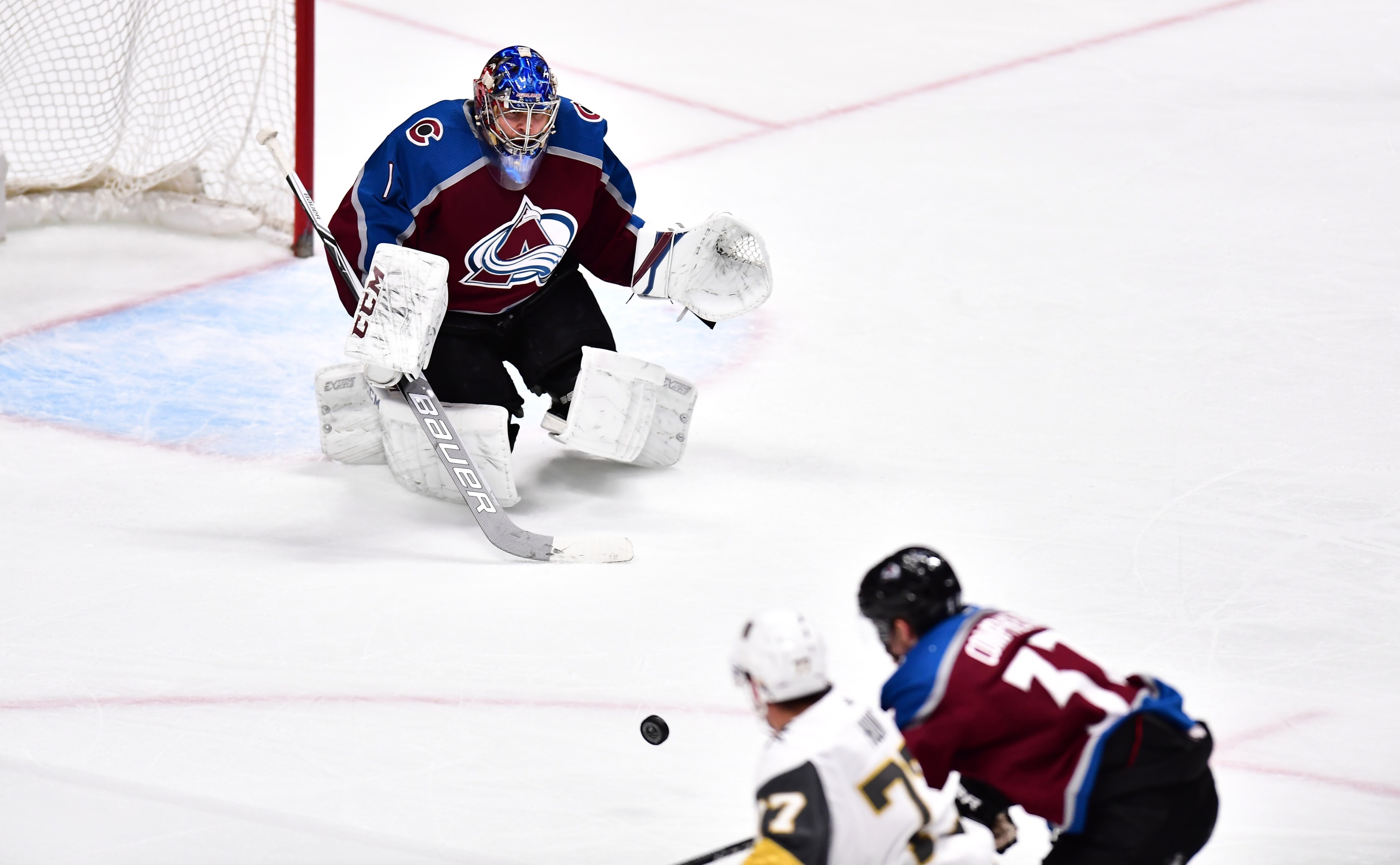 Mar 24, 2018; Denver, CO, USA; Colorado Avalanche center Nathan MacKinnon (29) makes a save in the second period against the Vegas Golden Knights at the Pepsi Center. Mandatory Credit: Ron Chenoy-USA TODAY Sports