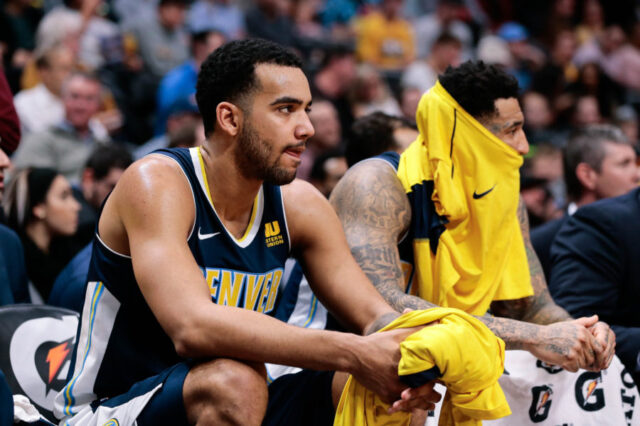 Denver Nuggets forward Trey Lyles (7) on the bench in the second quarter against the Utah Jazz at the Pepsi Center.