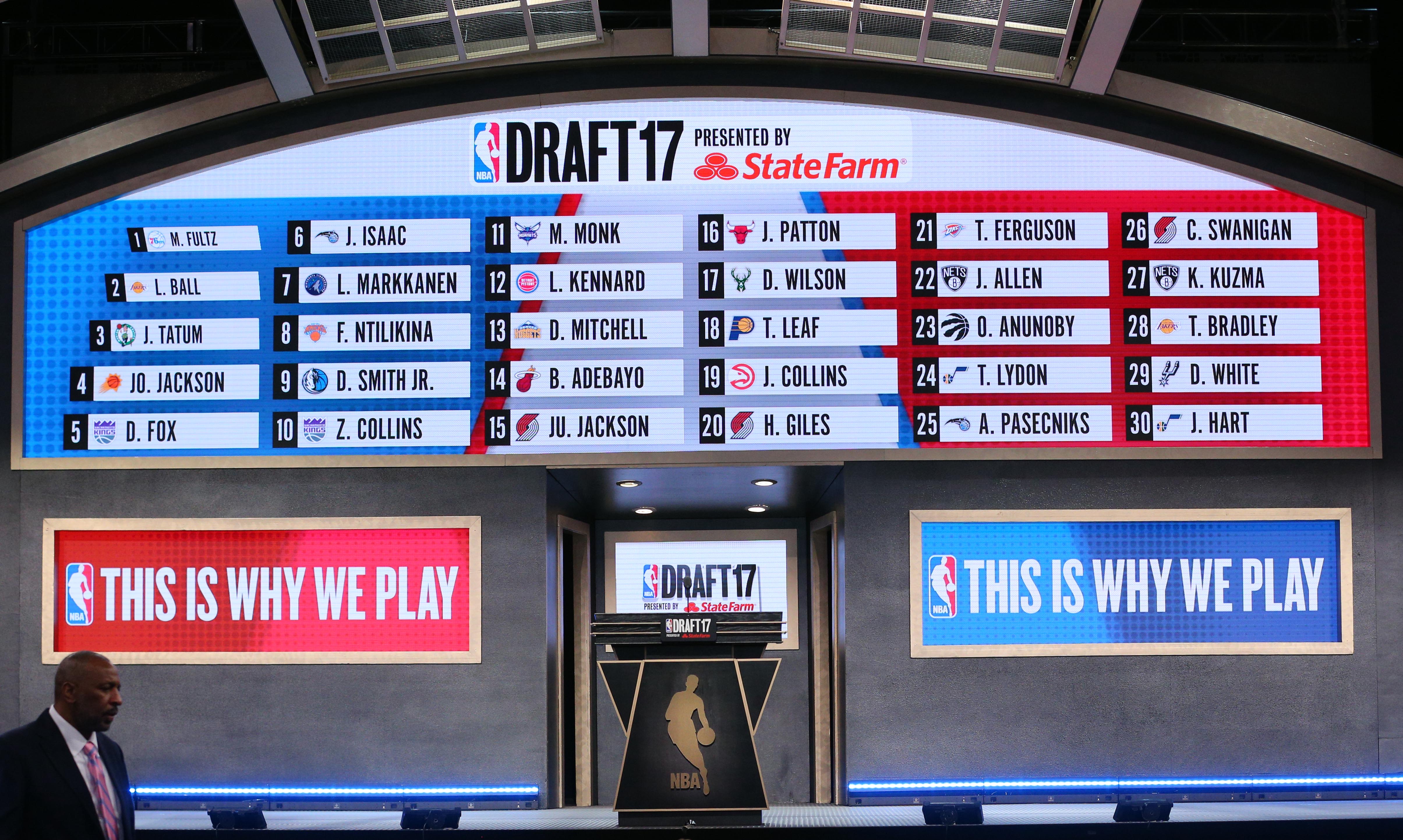 A general view of a video board displaying all thirty first round selections in the 2017 NBA Draft at Barclays Center