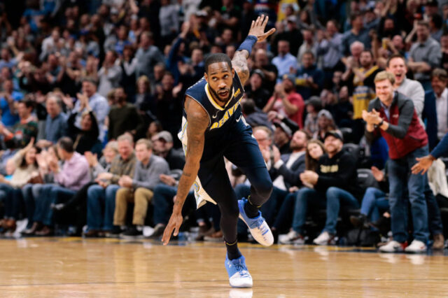 Denver Nuggets guard Will Barton (5) reacts after a play in overtime against the New Orleans Pelicans at the Pepsi Center.