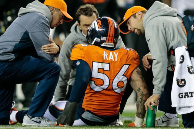 Shane Ray sits injured on the field during a game in November of 2017. Credit: Isaiah J. Downing, USA TODAY Sports.