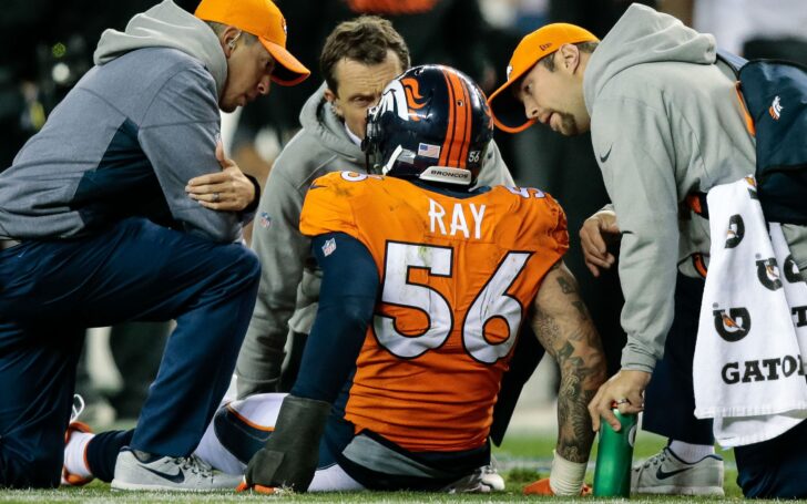 Shane Ray sits injured on the field during a game in November of 2017. Credit: Isaiah J. Downing, USA TODAY Sports.
