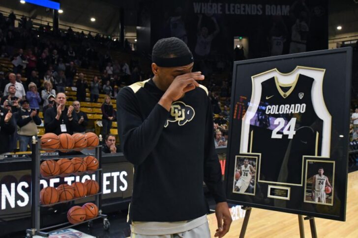 Colorado Buffaloes guard George King (24) reacts before the game against the UCLA Bruins at the Coors Events Center.