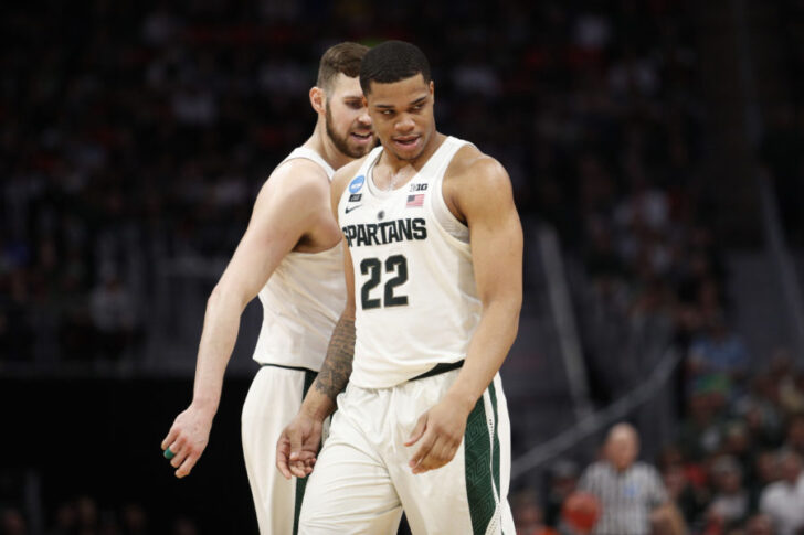 Michigan State Spartans guard Miles Bridges (22) reacts to a play in the first half against the Syracuse Orange in the second round of the 2018 NCAA Tournament at Little Caesars Arena