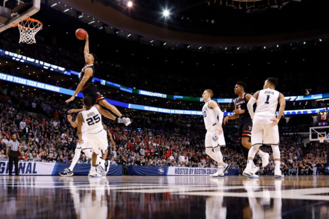 Texas Tech Red Raiders guard Zhaire Smith (2) attempts a dunk against the Villanova Wildcats during the second half of the championship game of the East regional of the 2018 NCAA Tournament at the TD Garden.