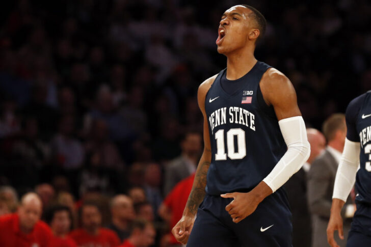 Penn State Nittany Lions guard Tony Carr (10) reacts after making a basket against the Utah Utes during the first half of the NIT championship game at Madison Square Garden. Mandatory Credit: Adam Hunger