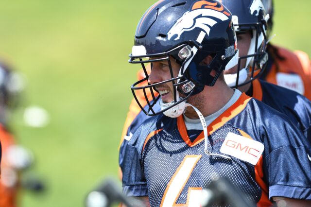 Case Keenum in Broncos OTAs. Credit: Ron Chenoy, USA TODAY Sports.