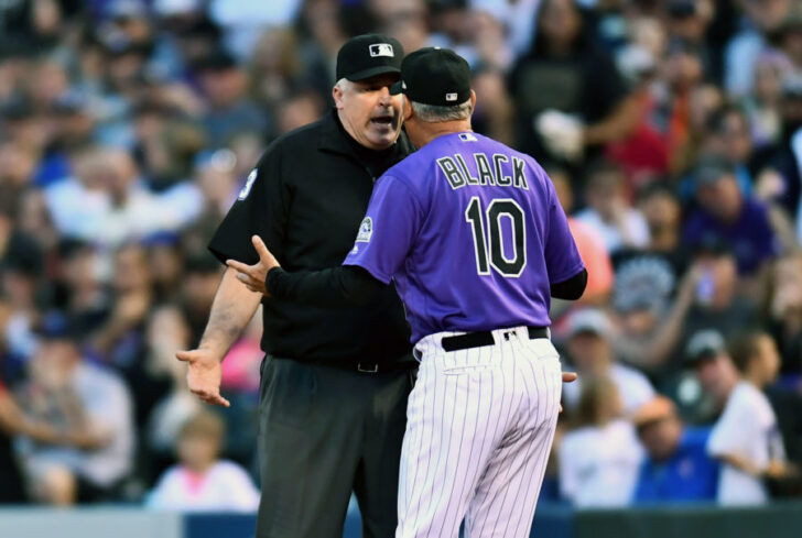 Colorado Rockies manager Bud Black (10) argues with first base umpire Bill Welke (3) in the fourth inning against the New York Mets at Coors Field. Mandatory Credit: Ron Chenoy-USA TODAY Sports