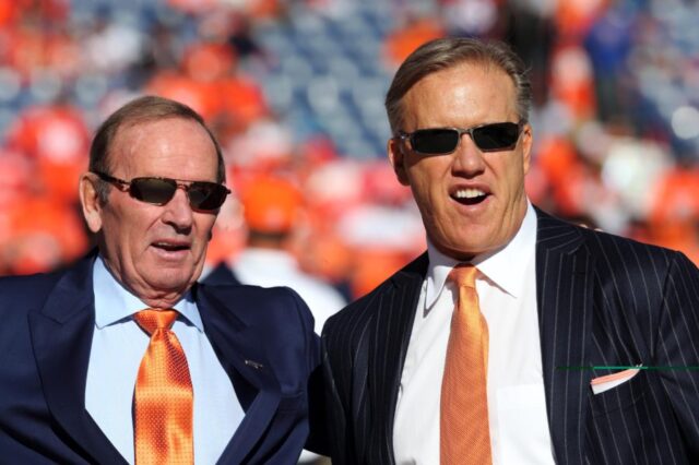 Denver Broncos owner Pat Bowlen and executive vice president of football operations John Elway before the 2013 AFC championship playoff football game against the New England Patriots at Sports Authority Field at Mile High. Mandatory Credit: Matthew Emmons-USA TODAY Sports