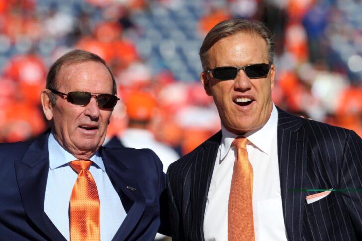 Denver Broncos owner Pat Bowlen and executive vice president of football operations John Elway before the 2013 AFC championship playoff football game against the New England Patriots at Sports Authority Field at Mile High. Mandatory Credit: Matthew Emmons-USA TODAY Sports