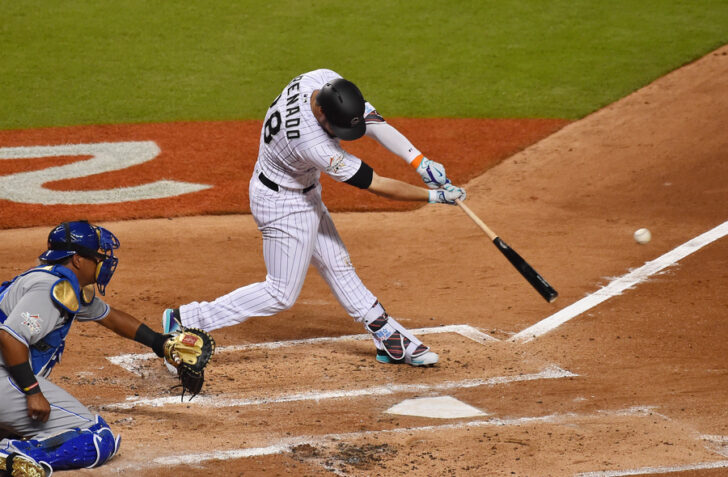 Nolan Arenado (28) of the Colorado Rockies hits a single in the second inning during the 2017 MLB All-Star Game at Marlins Park.