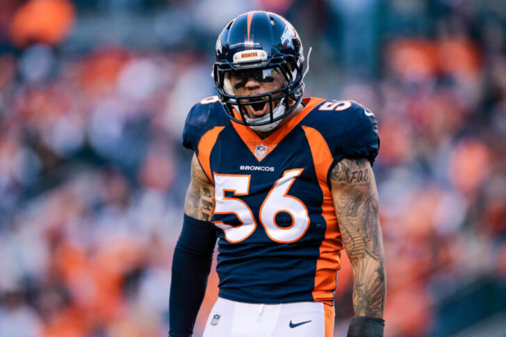 Denver Broncos outside linebacker Shane Ray (56) reacts after a play in the third quarter against the New York Jets at Sports Authority Field at Mile High.