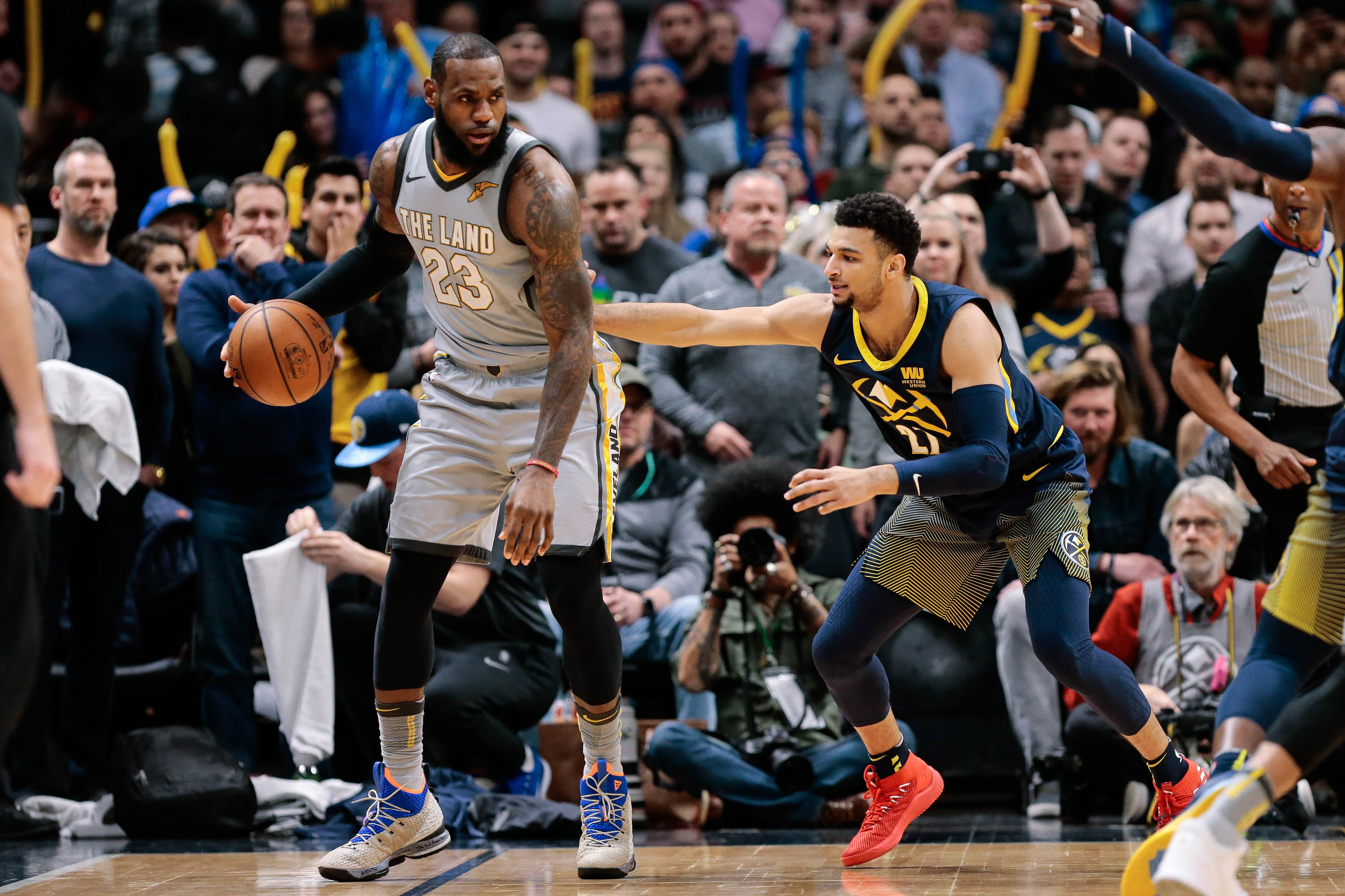 NBA: Cleveland Cavaliers at Denver Nuggets Denver Nuggets guard Jamal Murray (27) guards Cleveland Cavaliers forward LeBron James (23) in the first quarter at the Pepsi Center.