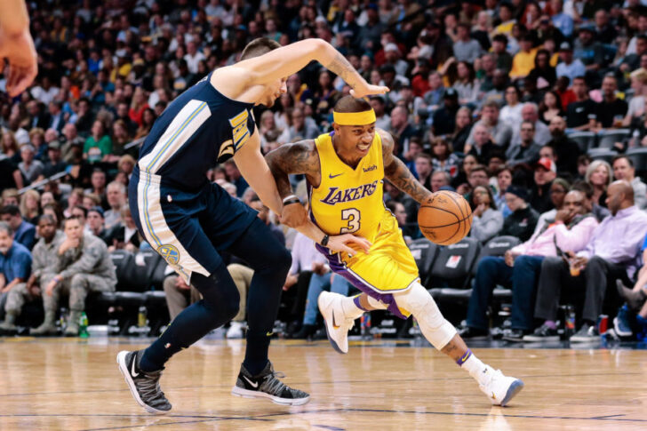 Denver Nuggets forward Juancho Hernangomez (41) guards Los Angeles Lakers guard Isaiah Thomas (3) in the third quarter at the Pepsi Center.
